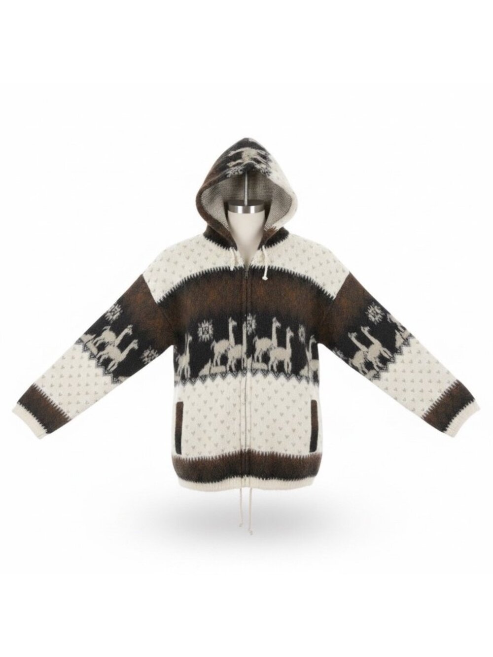 Yari Artesanias Unisex Brown & White Wool Alpaca Pattern Full-Zip Sweater Hoodie